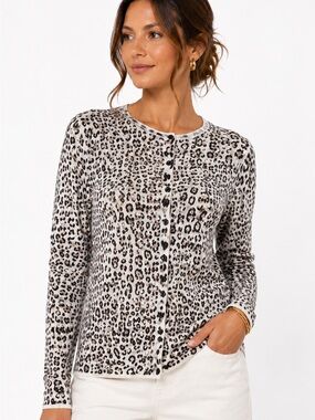 LOFT Leopard-Print Button-Front Long Sleeve Cardigan